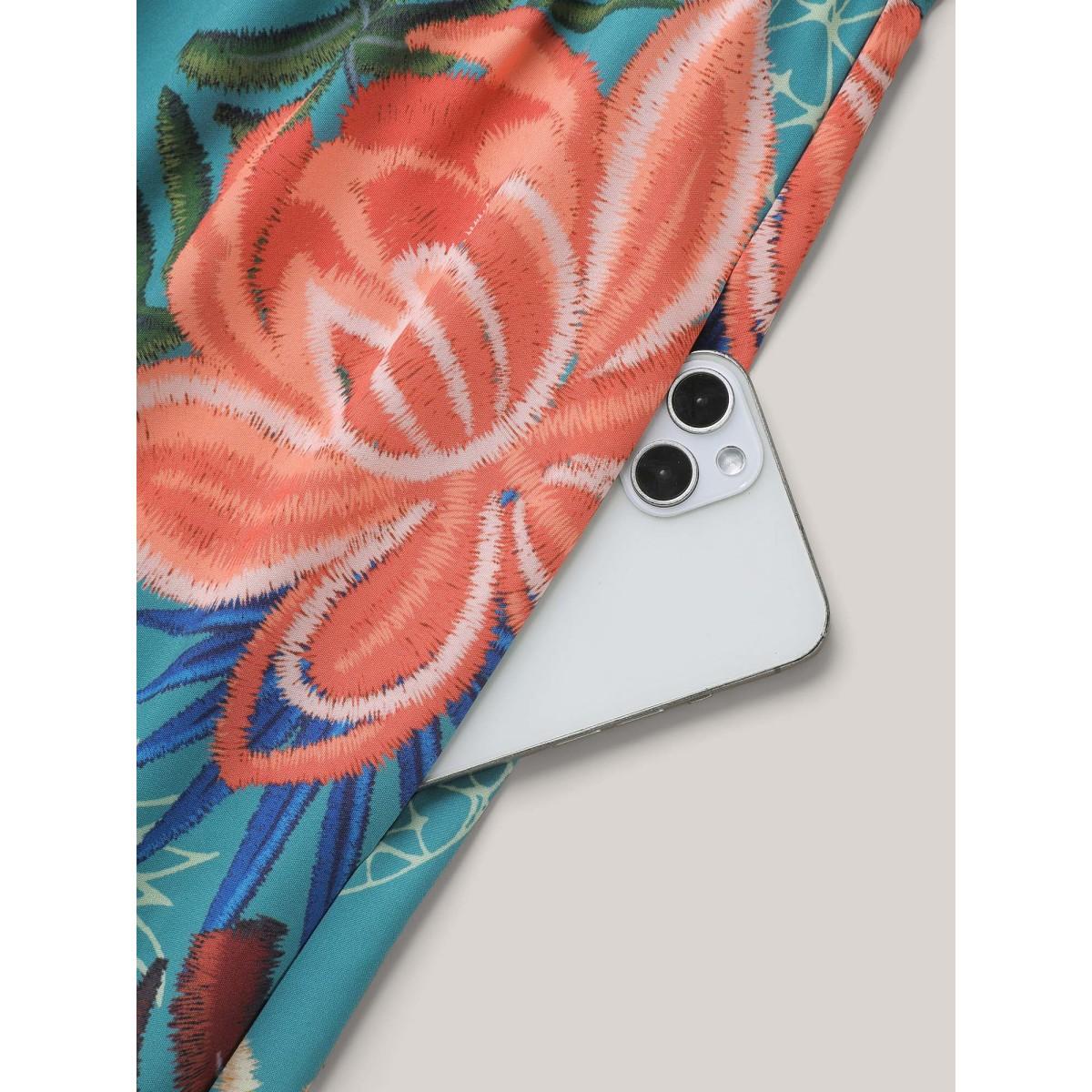 Plus Size Floral Print Surplice Neck Pockets Midi Dress Cerulean Women Resort Non Overlap Collar Short sleeve Curvy BloomChic 12/L Product Image