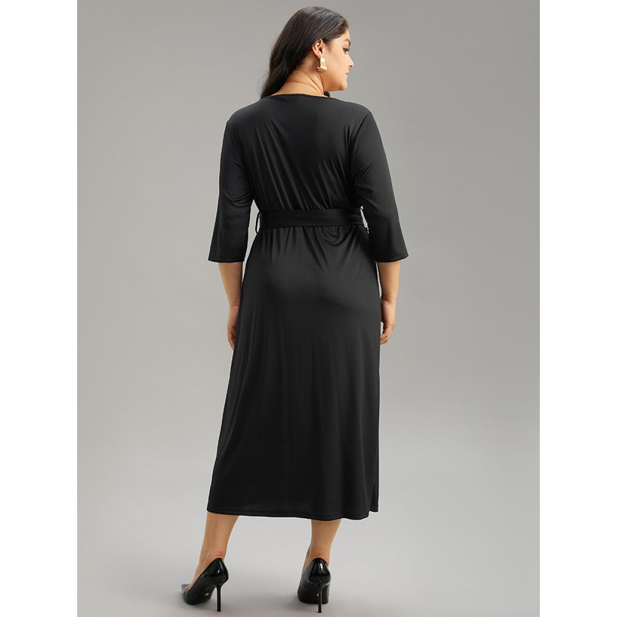 Plus Size Square Neck Metal Detail Belted Gathered Dress Black Women Office Plain Square Neck Elbow-length sleeve Curvy Midi Dress BloomChic 10/M Product Image