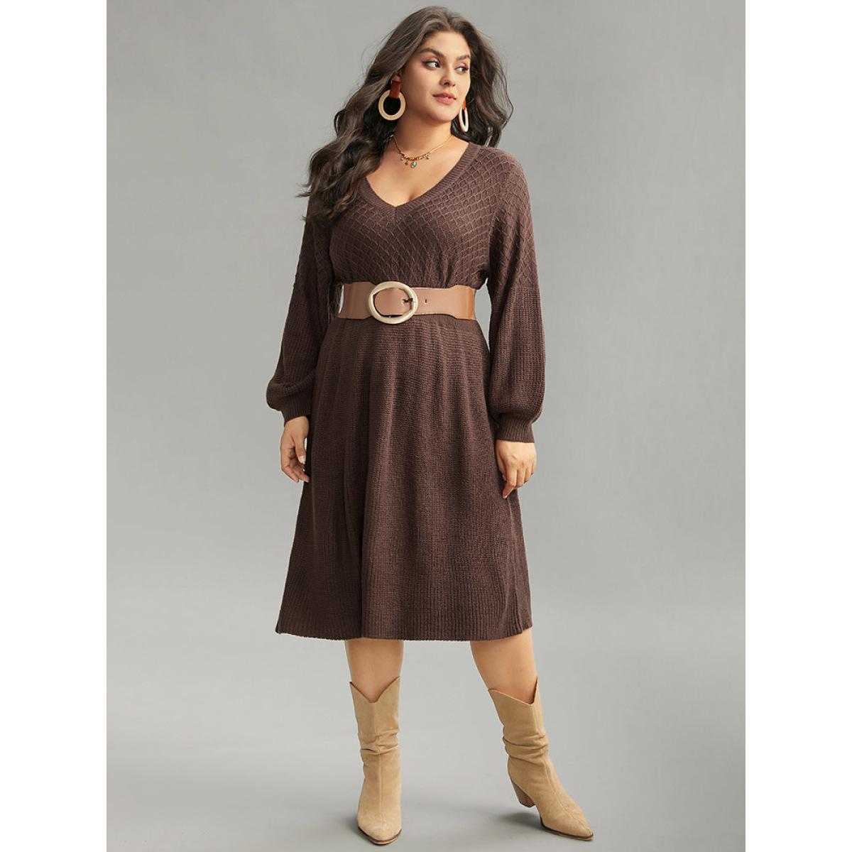 Plus Size A Line Waistline Inside Lantern Sleeve Sweater Dress DarkBrown Women Casual Loose Long Sleeve Dailywear Sweater Dresses BloomChic 30/6X Product Image