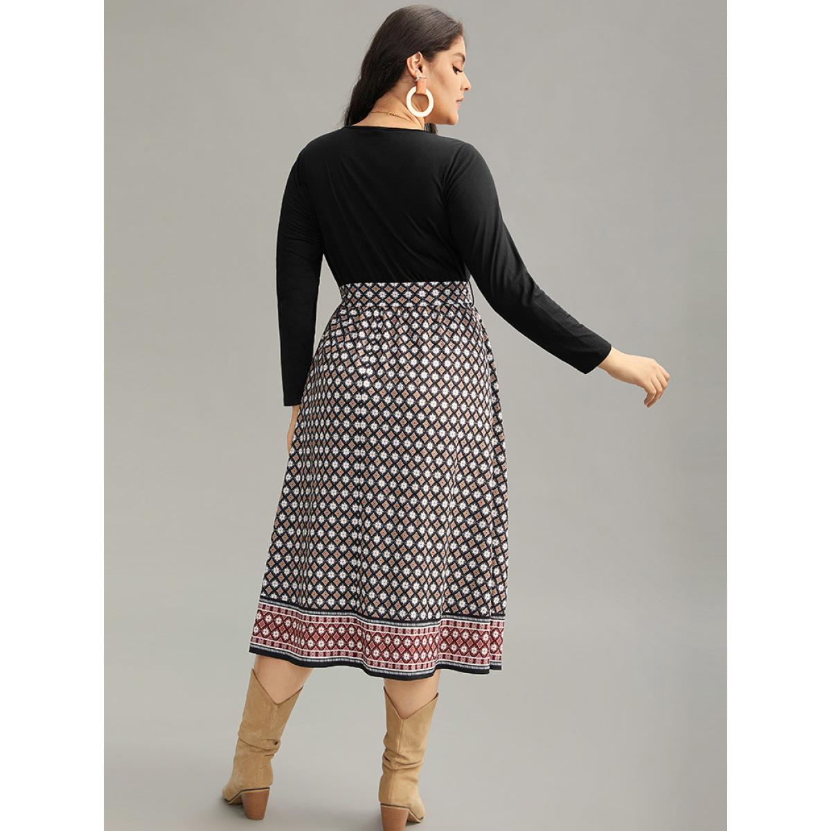 Plus Size Geometric Patchwork Cut Out Belted Dress Black Women Vacation Printed Round Neck Long Sleeve Curvy Midi Dress BloomChic 28/5X Product Image