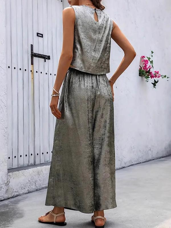 Loose Sleeveless Hollow Shiny Split-Joint Round-Neck Vest Top + Pants Bottom Two Pieces Set Product Image