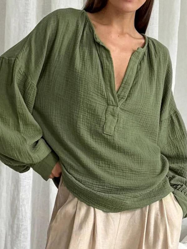 Loose Puff Sleeves Pleated Solid Color Split-Joint V-Neck Blouses&Shirts Tops Product Image