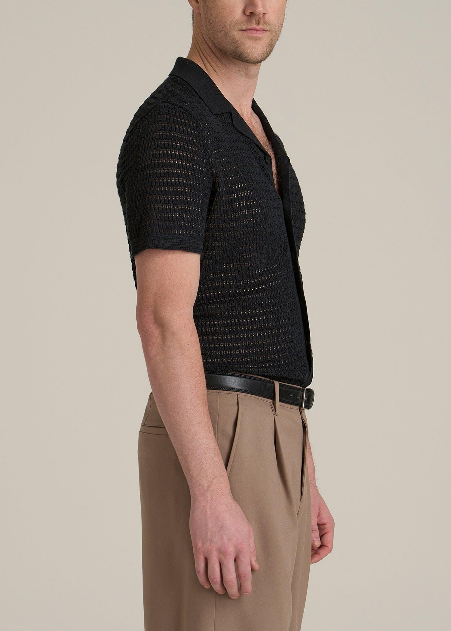 Short Sleeve Crochet Polo Cardigan for Tall Men in Black Male Product Image