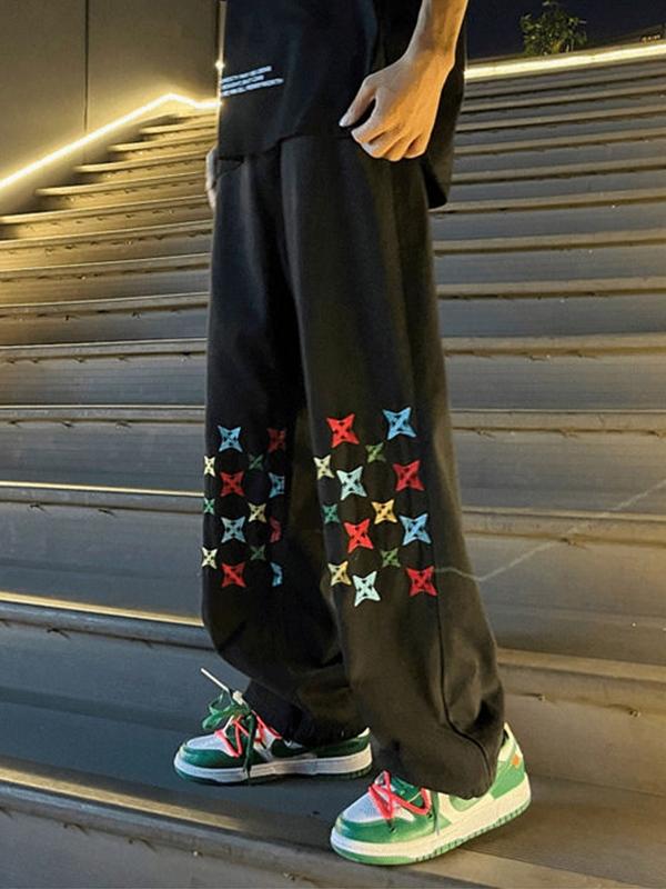 Men's Washed Colorful Embroidery Print Straight Leg Jeans Product Image