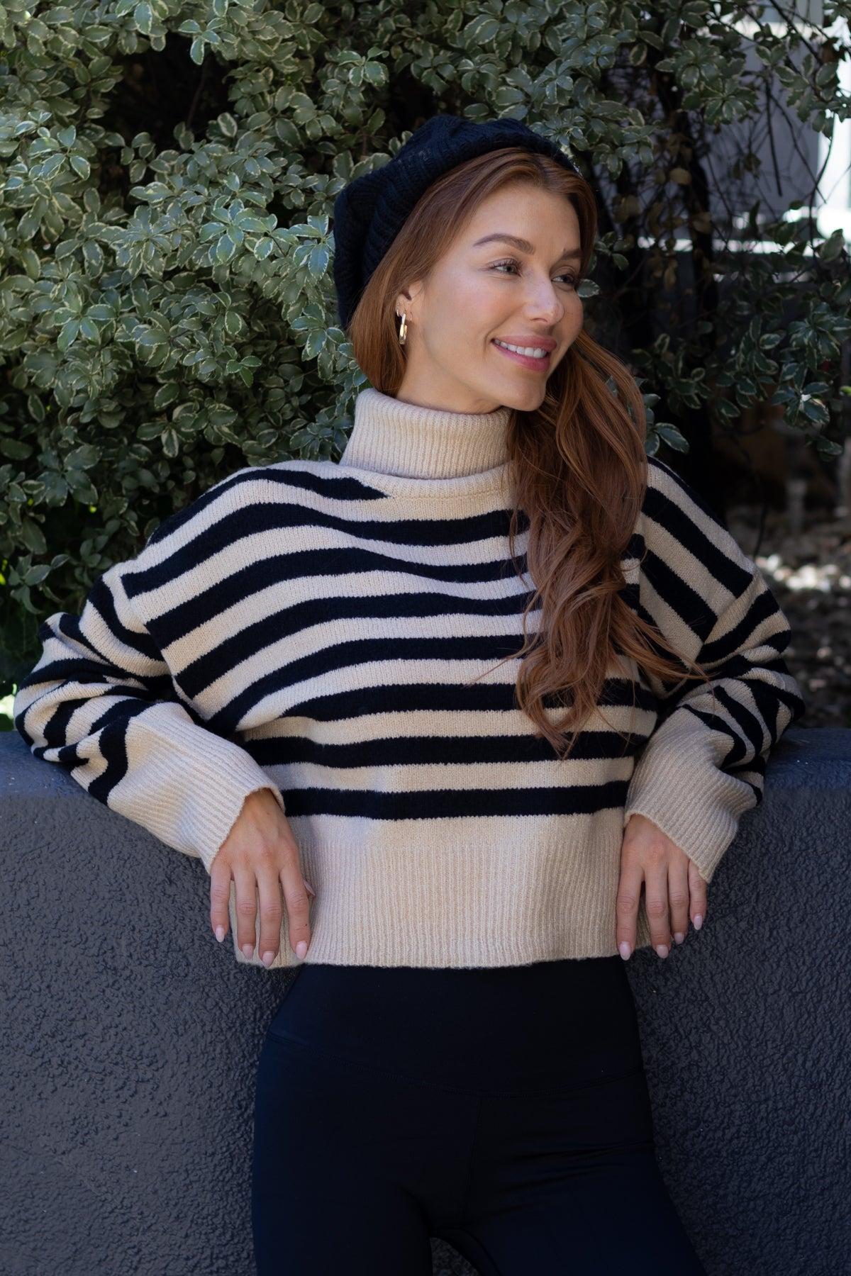 Beige and Black Striped Turtleneck Sweater-FINAL SALE Female Product Image