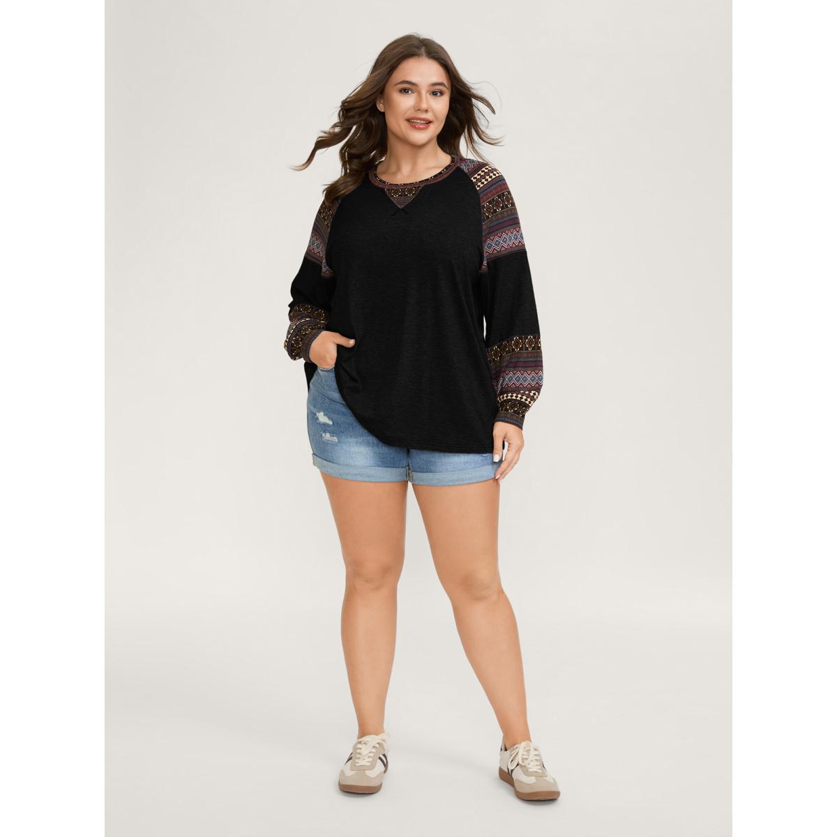 Plus Size Supersoft Boho Stripes Spliced T-Shirt Black Women Leisure Contrast Round Neck Casual T-shirts BloomChic 30/6X Product Image