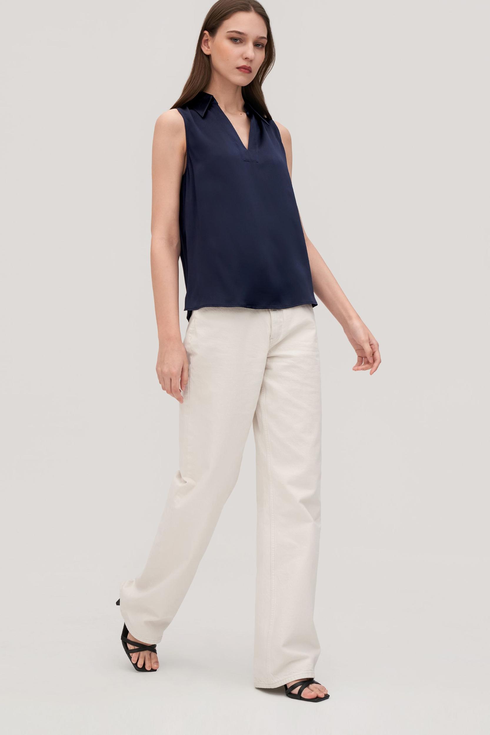 V-Neck Sleeveless Silk Violet Shirt For Women Product Image