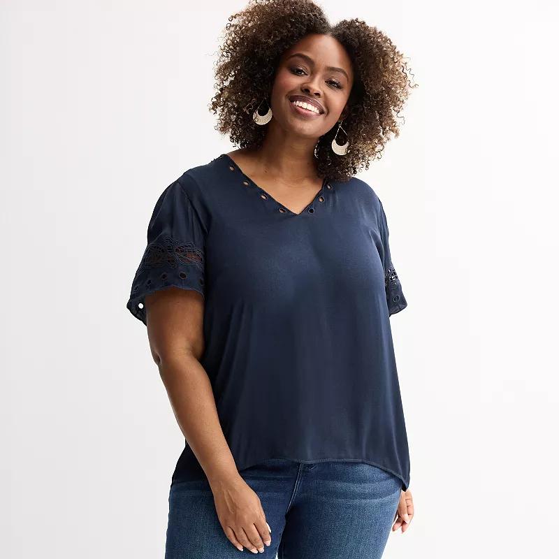 Plus Size Chelsea & Theodore Lace Inset Sleeve V-Neck Airflow Blouse, Women's, Size: 1XL, Blue Product Image
