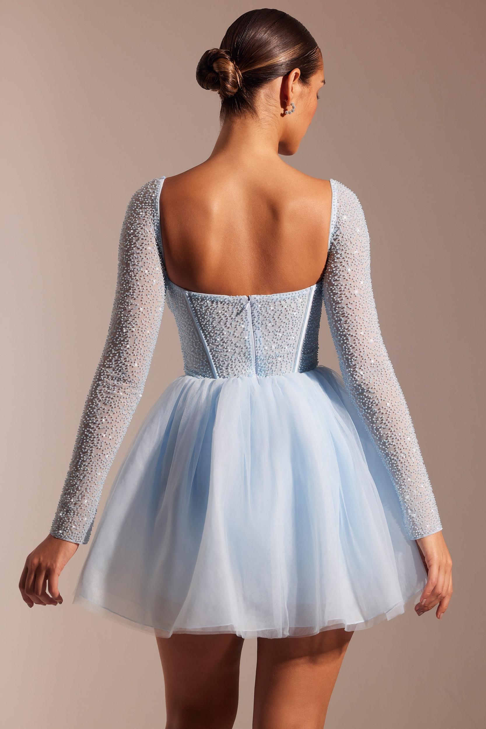 Embellished Long Sleeve Tulle Skirt Mini Dress in Blue Product Image