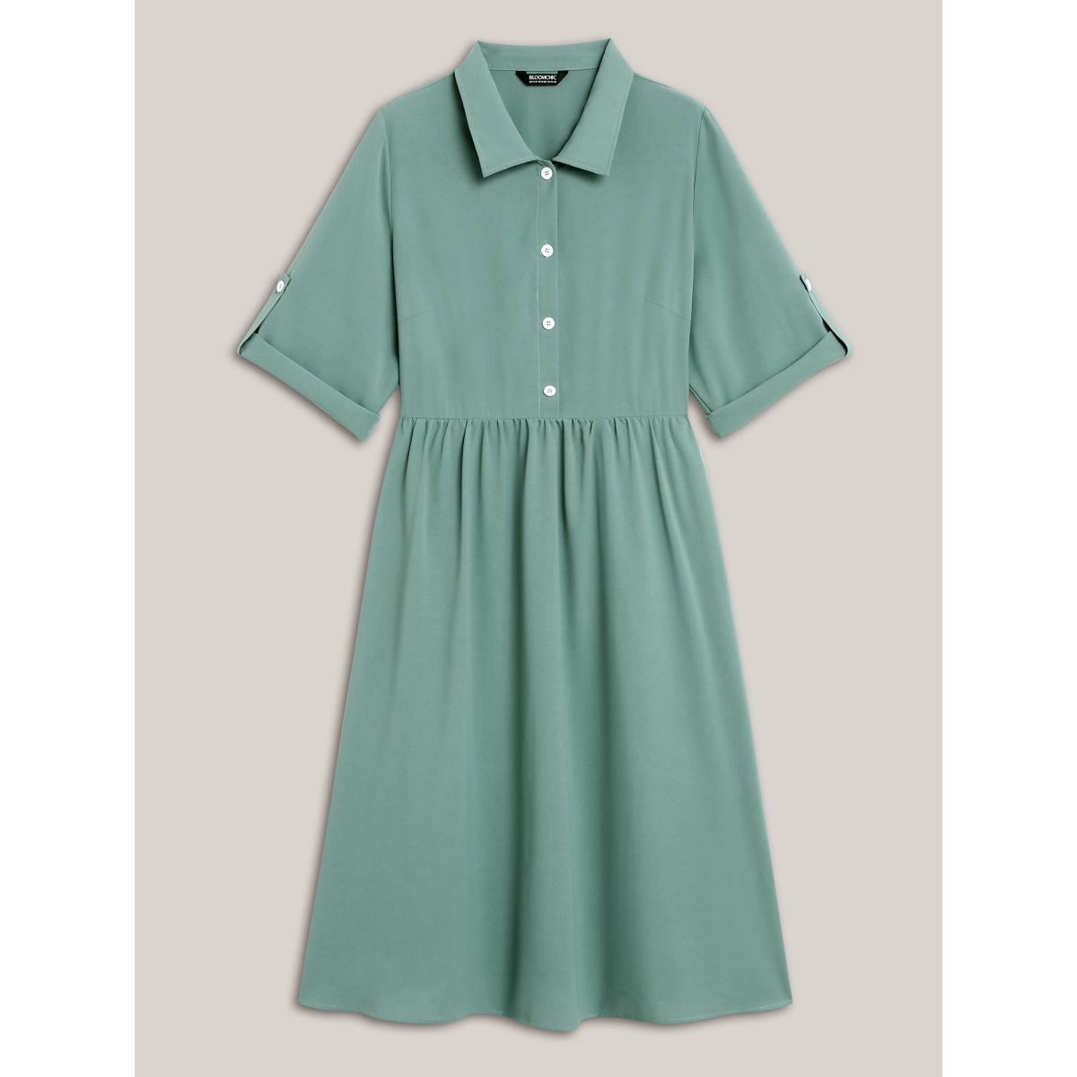 Plus Size Shirt Collar Front Button Placket Midi Dress Greenbean Women At the Office Button Shirt collar Elbow-length sleeve Curvy BloomChic 22-24/3X Product Image