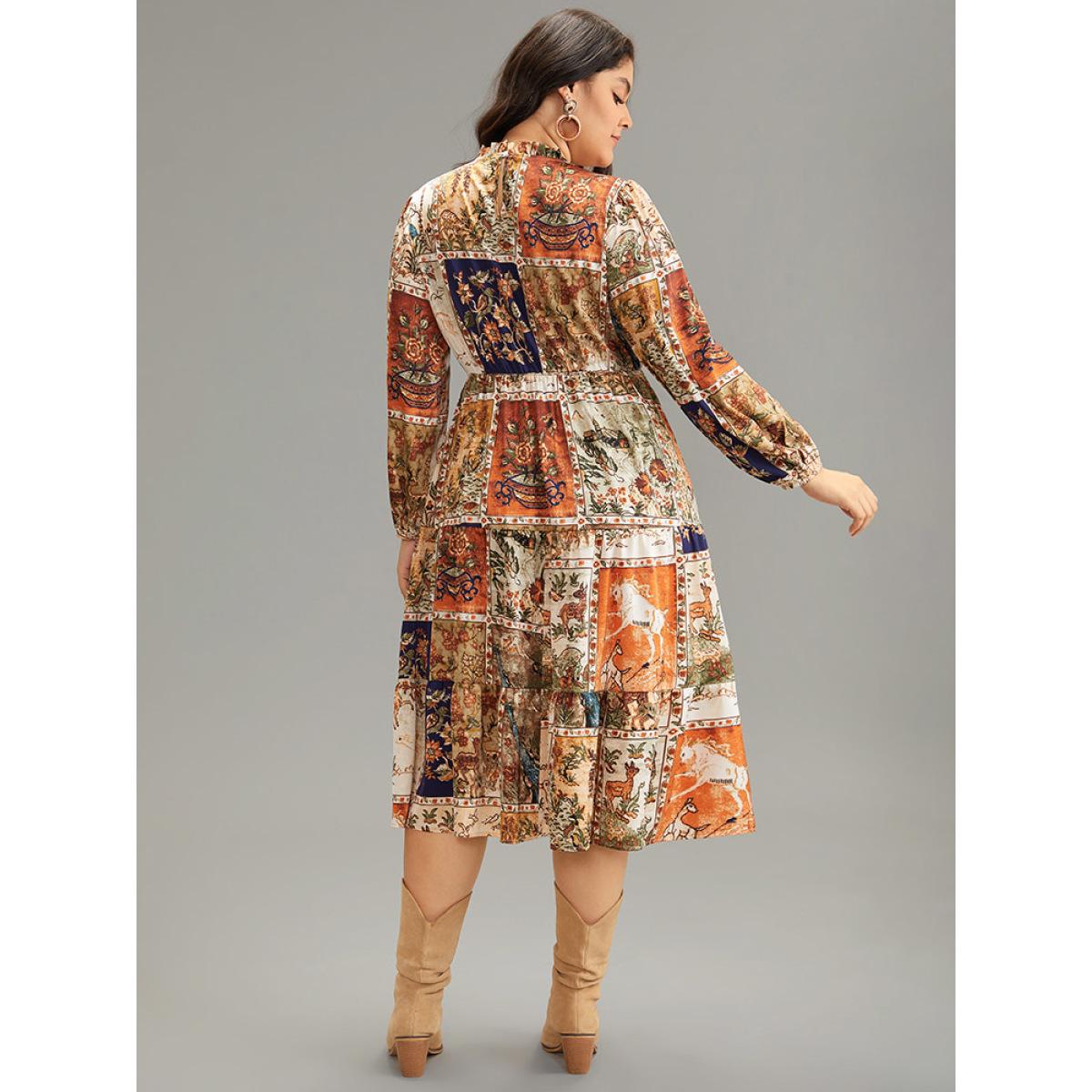 Plus Size Boho Print Stand Collar Pleated Lantern Sleeve Dress Chocolate Women Vacation Elastic cuffs Stand-up collar Long Sleeve Curvy Midi Dress BloomChic 10/M Product Image