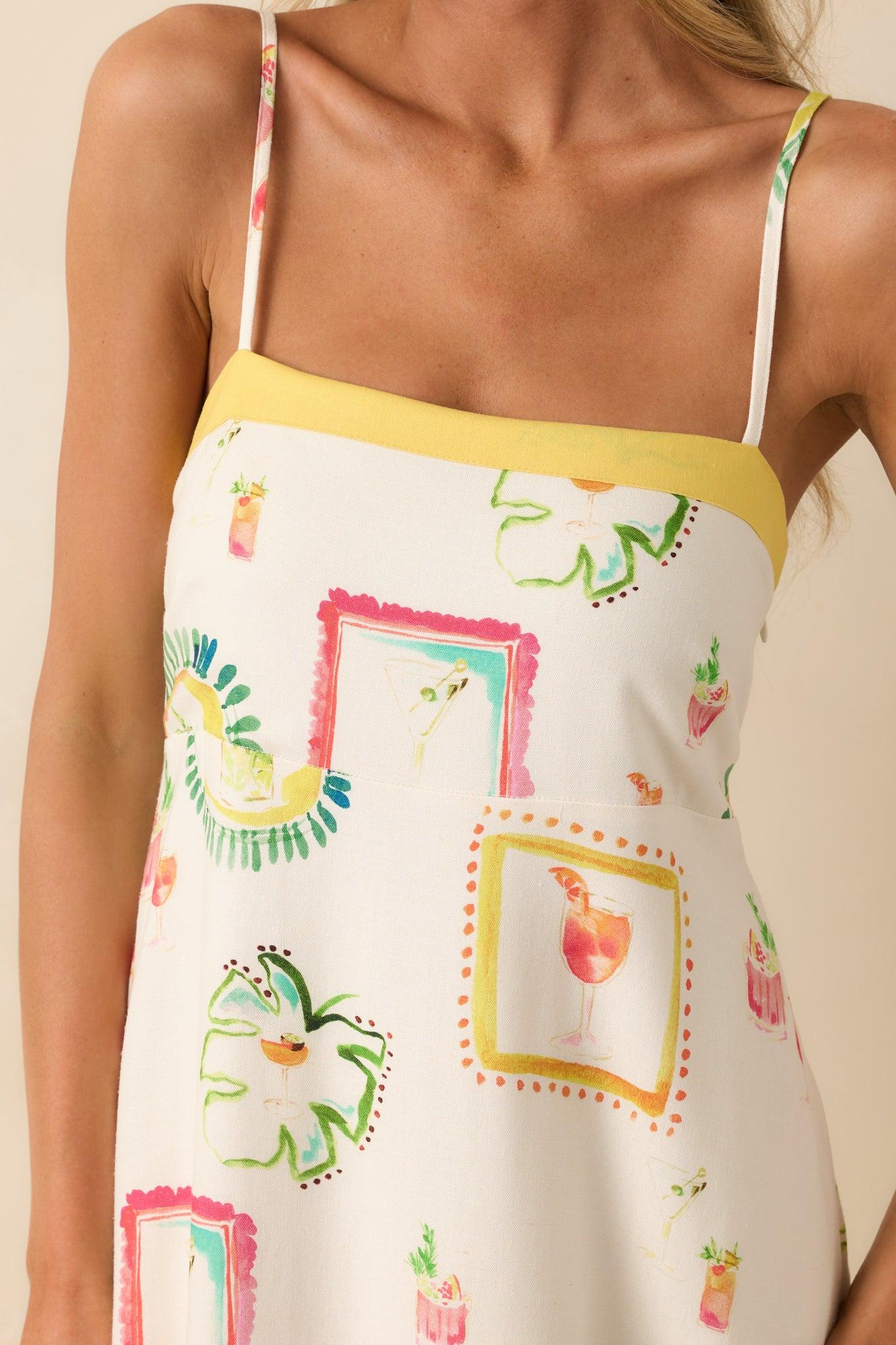 Just For Fun Ivory Watercolor Cocktail Print Linen Blend Maxi Dress Product Image