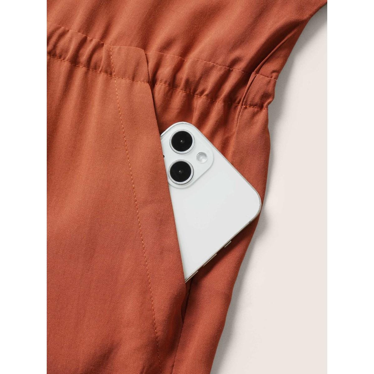 Plus Size Chocolate Plain Button Up Drawstring Gathered Pocket Jumpsuit Women Casual Short sleeve V-neck Everyday Loose Jumpsuits BloomChic 12/L Product Image