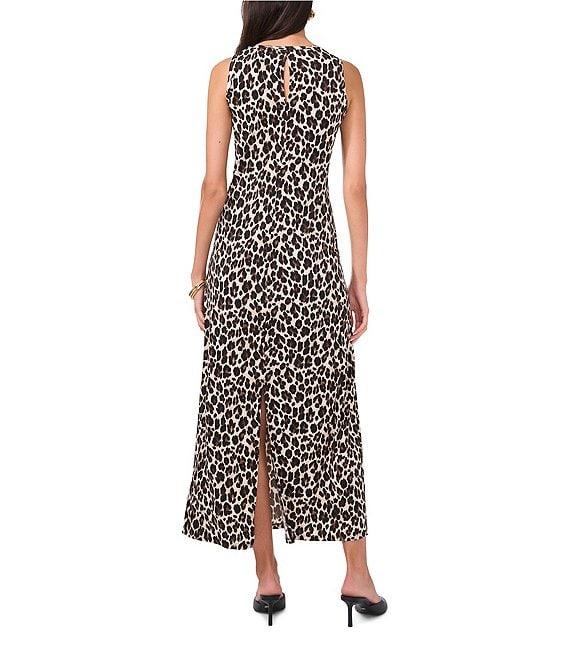 Vince Camuto Knit Leopard Crew Neck Sleeveless Back Keyhole Split Hem Column Maxi Dress Product Image