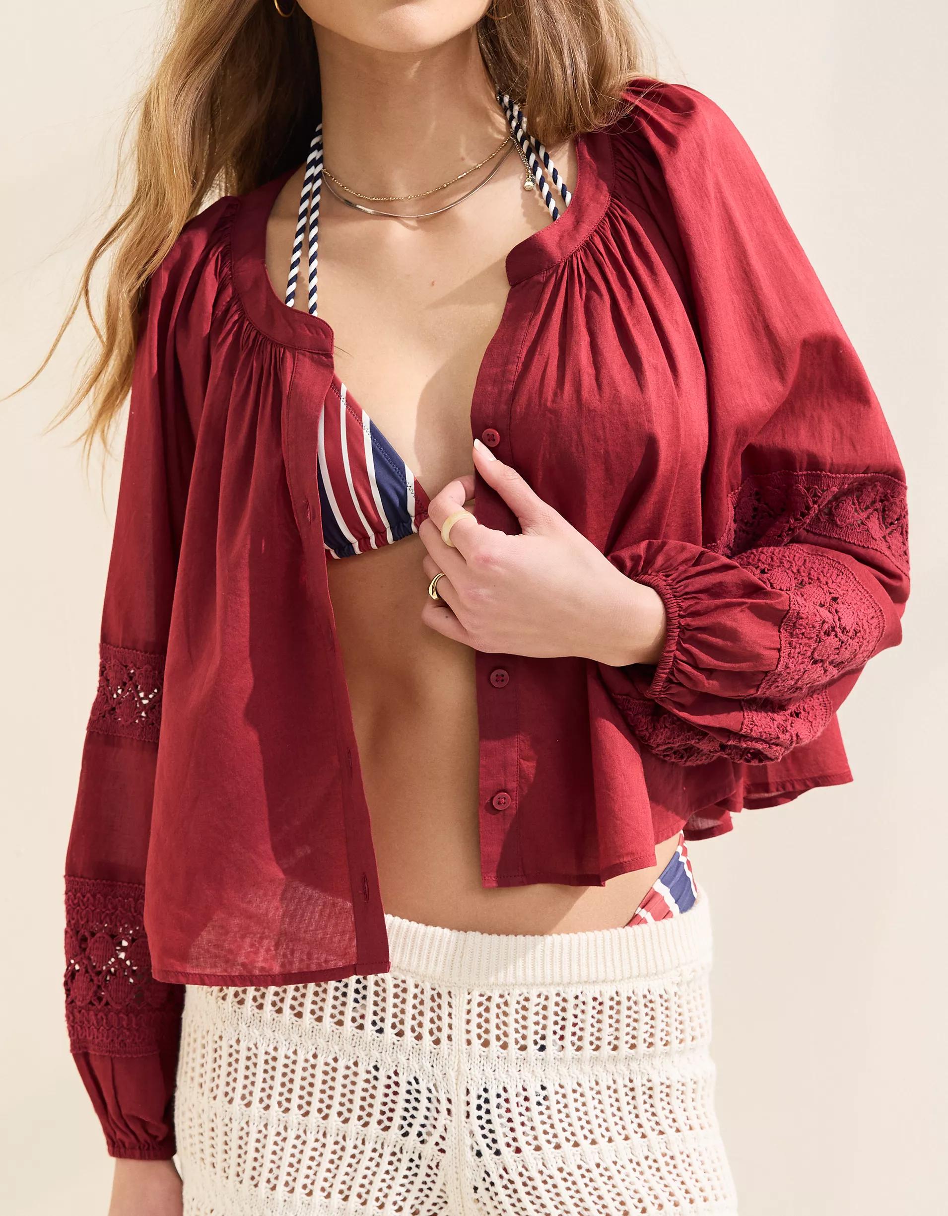 Aerie Long Sleeve Crochet Button Down Shirt Product Image
