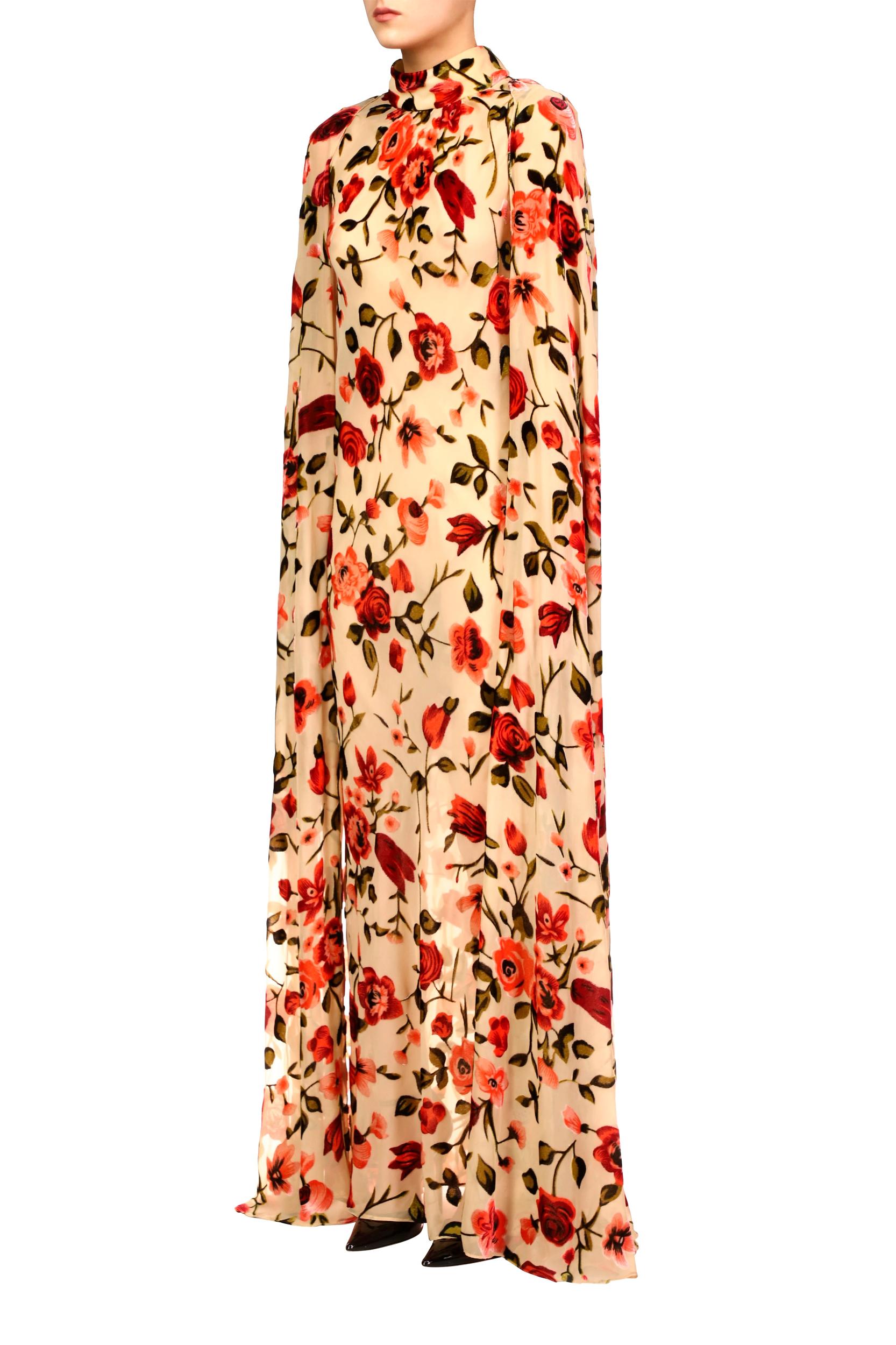 Beige and Burgundy Floral Velvet Devoré Cape Gown Product Image