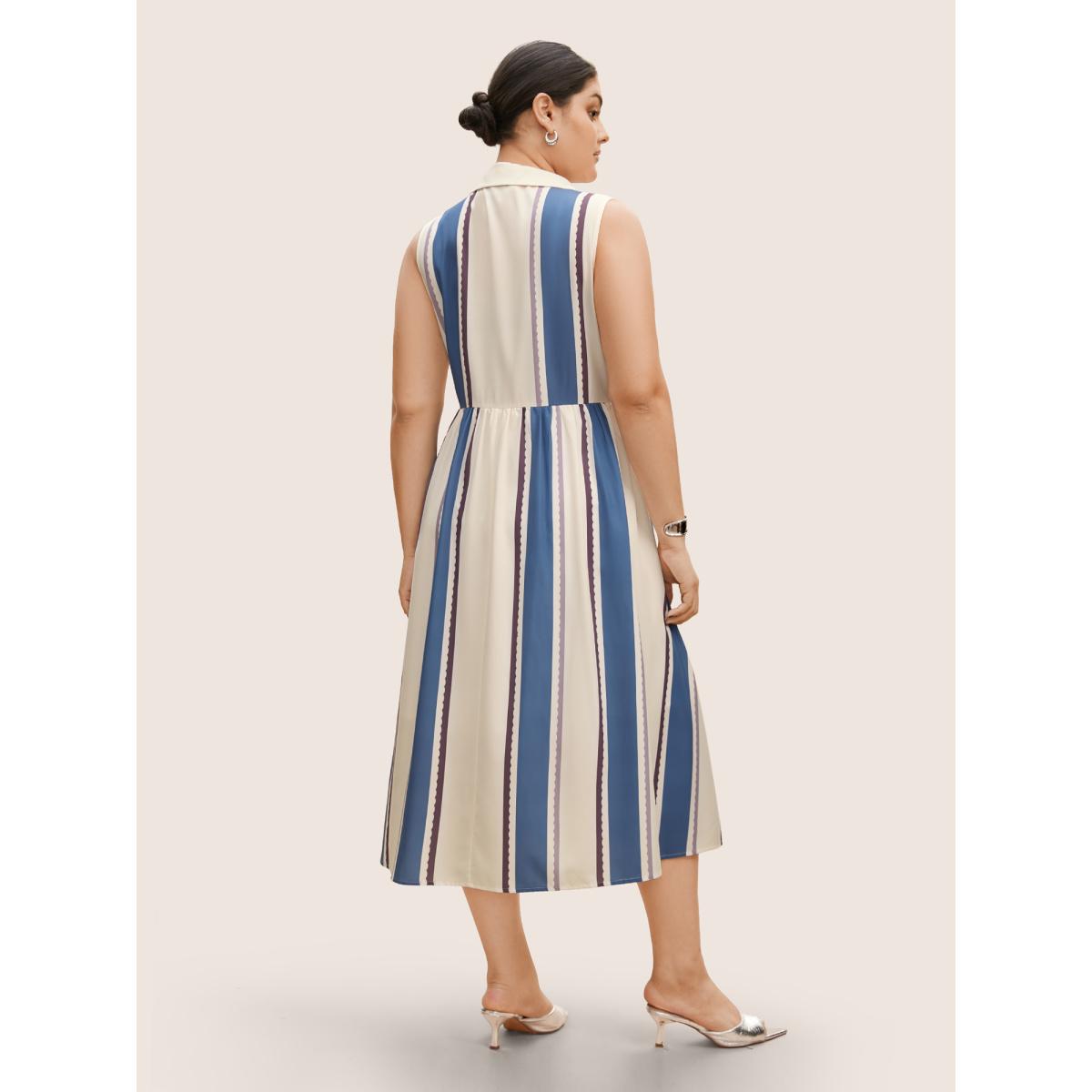 Plus Size Shirt Collar Contrast Striped Sleeveless Midi Dress LightBlue Women At the Office Contrast Shirt collar Sleeveless Curvy BloomChic 10/M Product Image