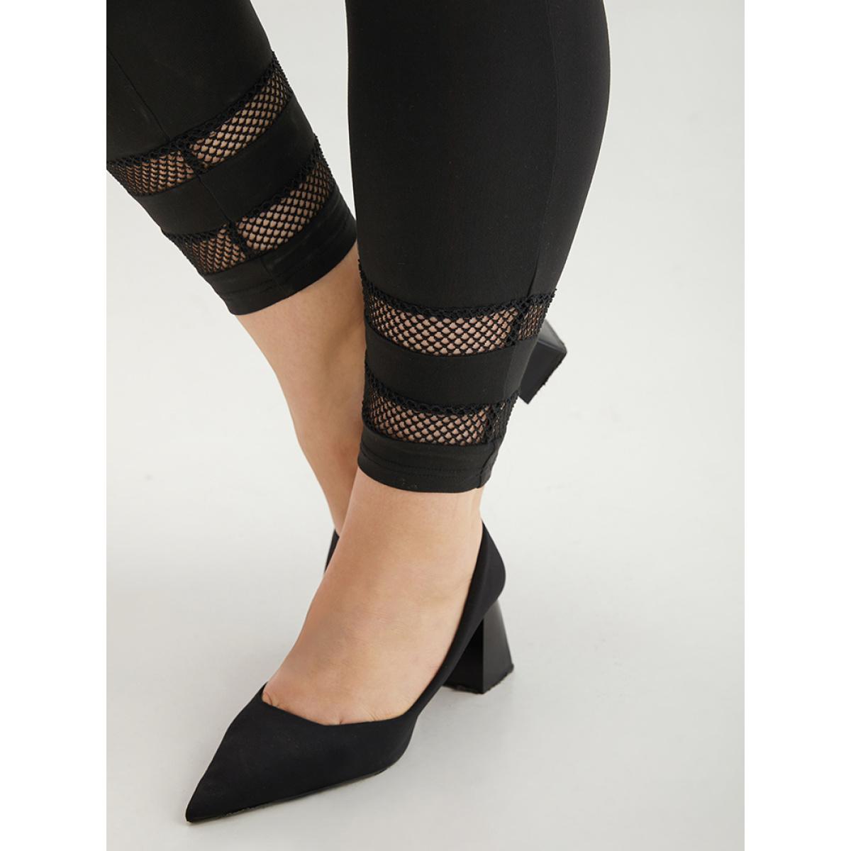 Plus Size Plain Lace Patchwork Cut Out Legging Women Black Casual High stretch Skinny High Rise Dailywear Leggings BloomChic 30/6X Product Image