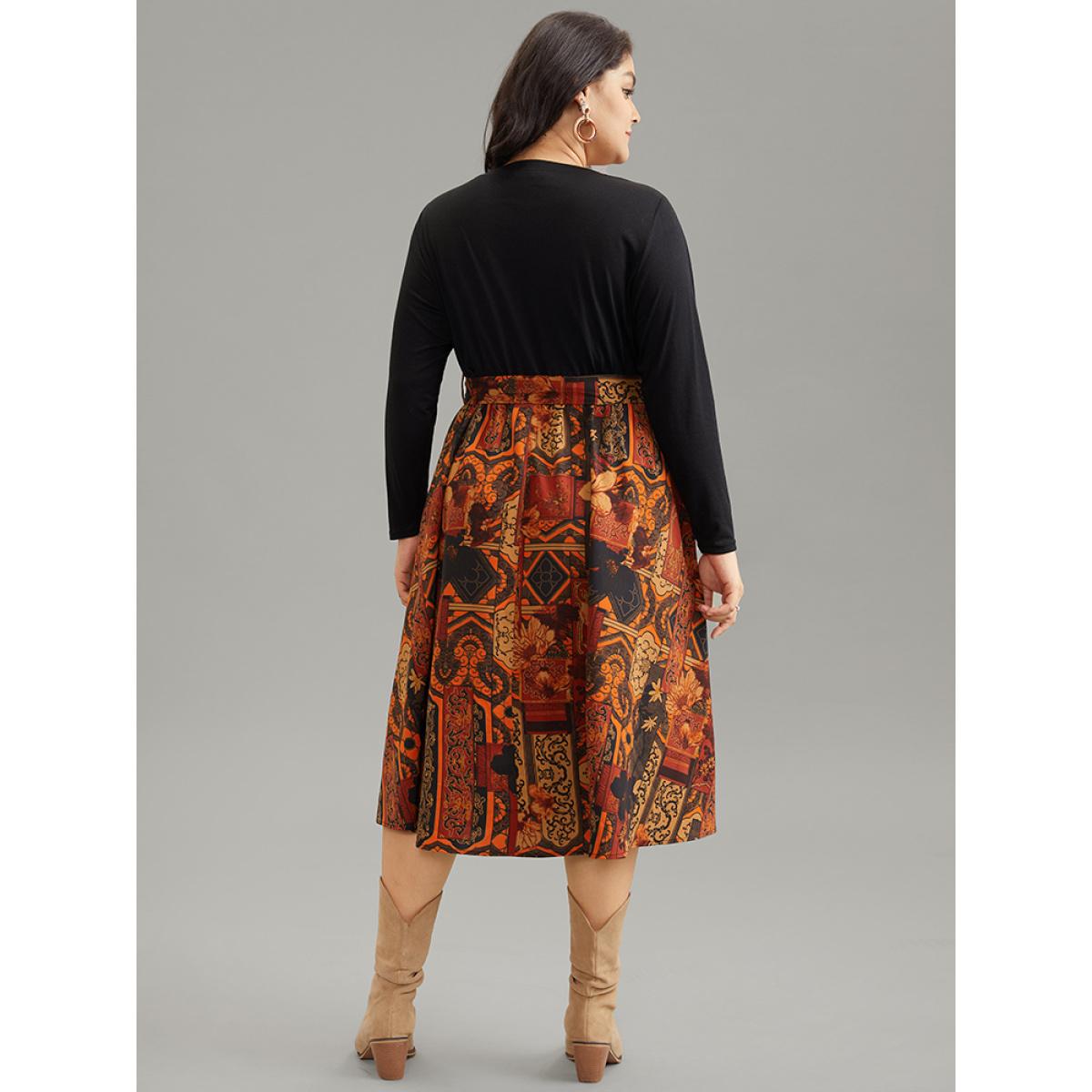 Plus Size Bandana Print V Neck Patchwork Pocket Dress Black Women Vacation Belted V-neck Long Sleeve Curvy Midi Dress BloomChic 10/M Product Image