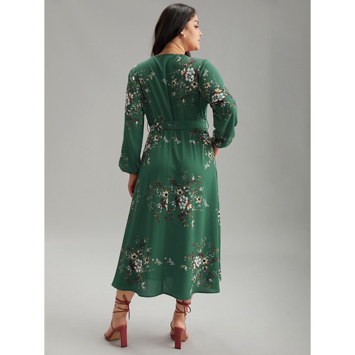 Plus Size Floral Print Belted Split Surplice Neck Dress Mint Women Elegant Elastic cuffs Overlap Collar Long Sleeve Curvy Midi Dress BloomChic 18-20/2X Product Image