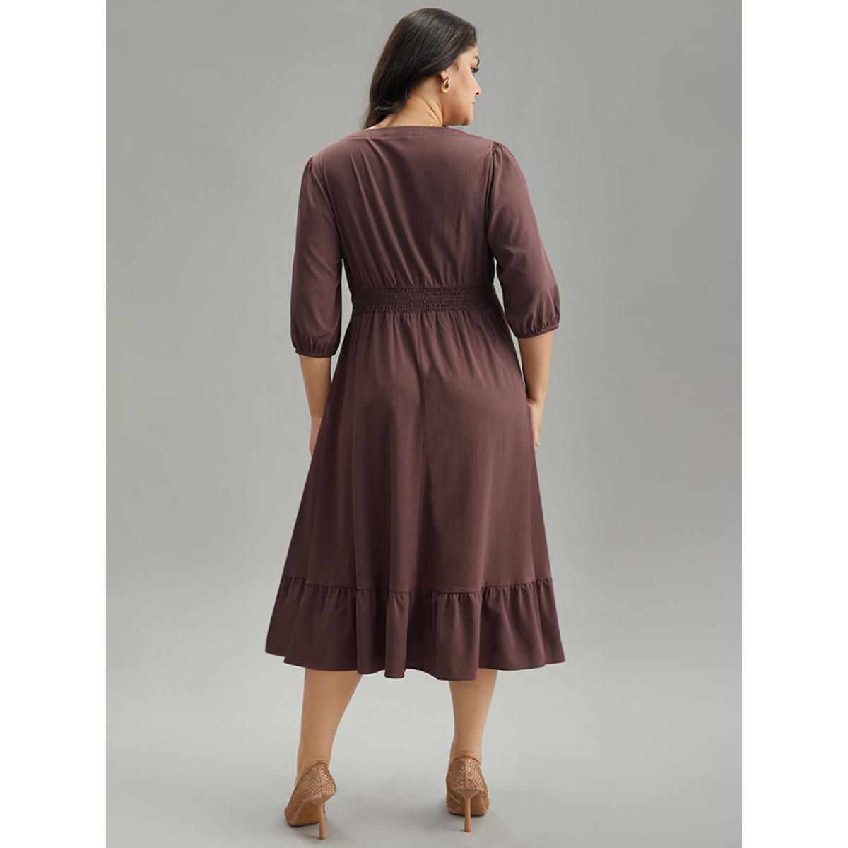 Plus Size Solid Notched Lantern Sleeve Shirred Dress Eggplant Women Office Elastic cuffs Notched collar Elbow-length sleeve Curvy Midi Dress BloomChic 10/M Product Image