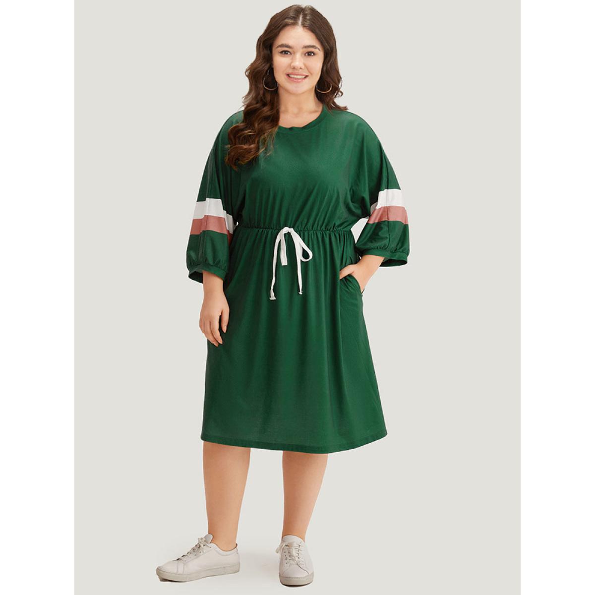 Plus Size Striped Contrast Pocket Bowknot Patchwork Dress DarkGreen Women Casual Cross straps Round Neck Elbow-length sleeve Curvy Midi Dress BloomChic 14-16/1X Product Image