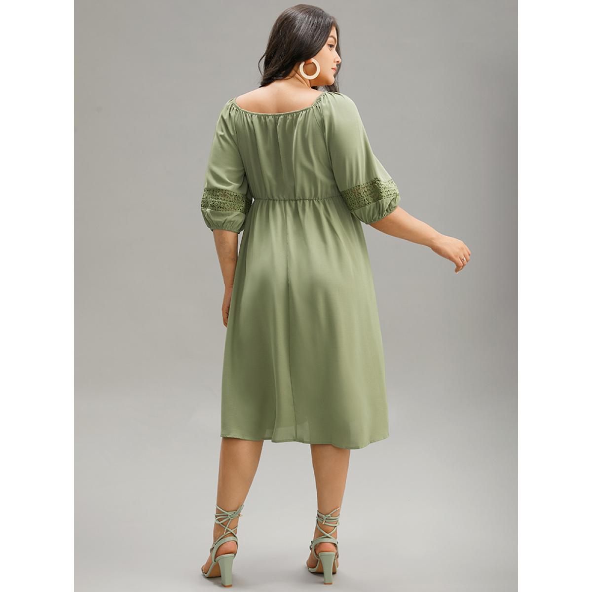 Plus Size Solid Shirred Square Neck Guipure Lace Dress Moss Women Vacation Elastic cuffs Square Neck Elbow-length sleeve Curvy Midi Dress BloomChic 22-24/3X Product Image