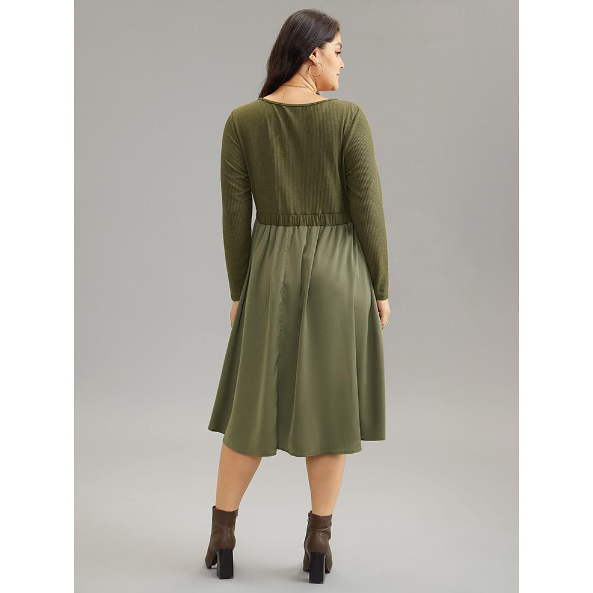 Plus Size Twill Patchwork Elastic Waist Gathered Dress Olive Women Casual Texture Notched collar Long Sleeve Curvy Midi Dress BloomChic 14-16/1X Product Image