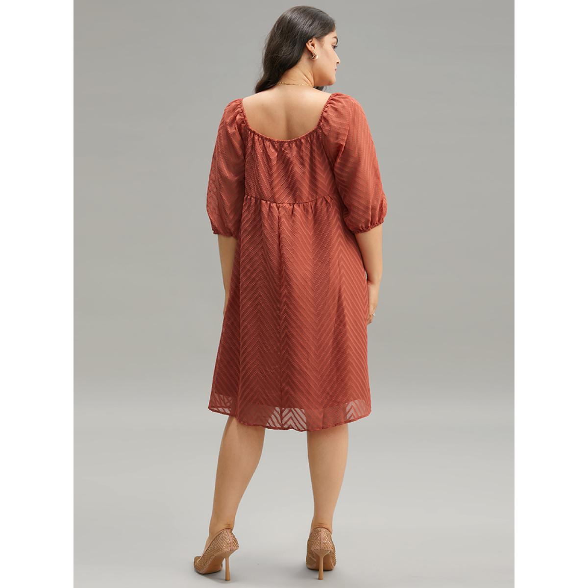 Plus Size Plisse Solid Square Neck Lantern Sleeve Dress Rust Women Office Lined Square Neck Half Sleeve Curvy Midi Dress BloomChic 18-20/2X Product Image