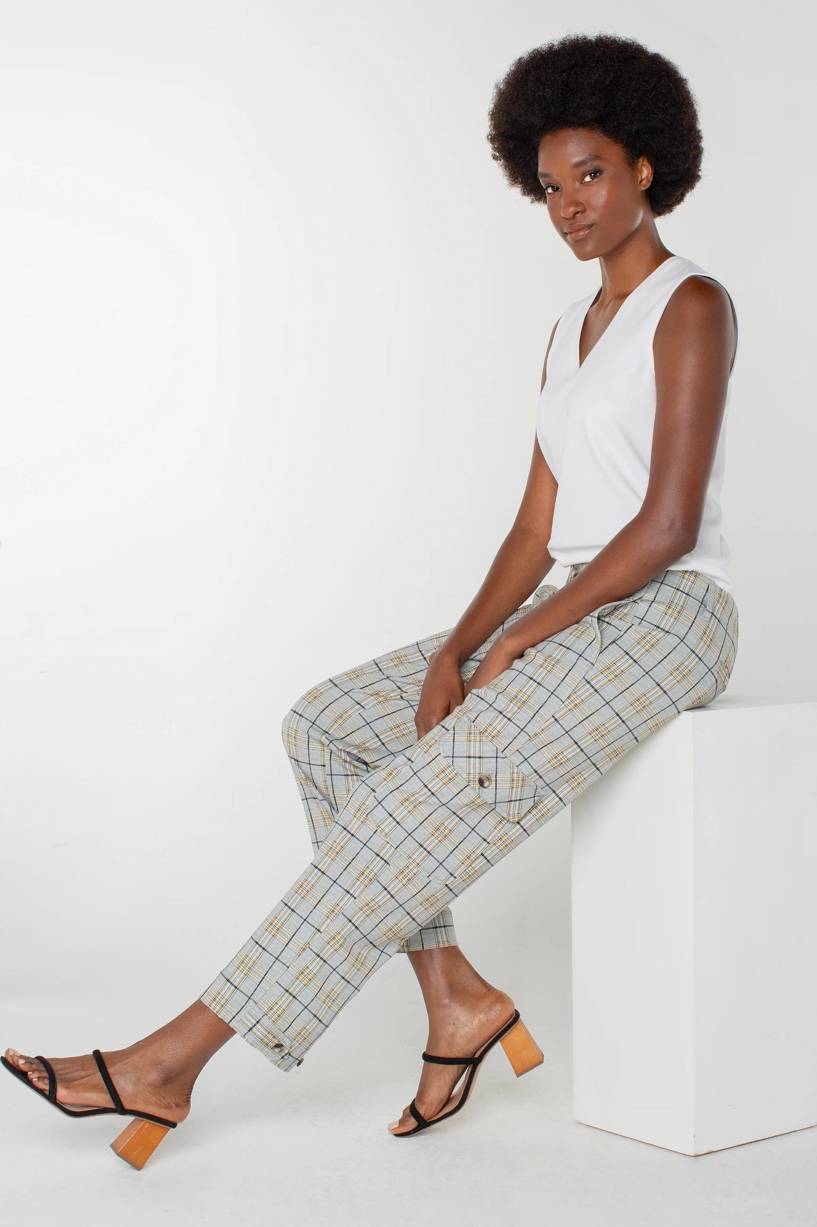 Utility Cargo Crop w/ Tab Hem- Taupe Multi Glen Plaid Product Image