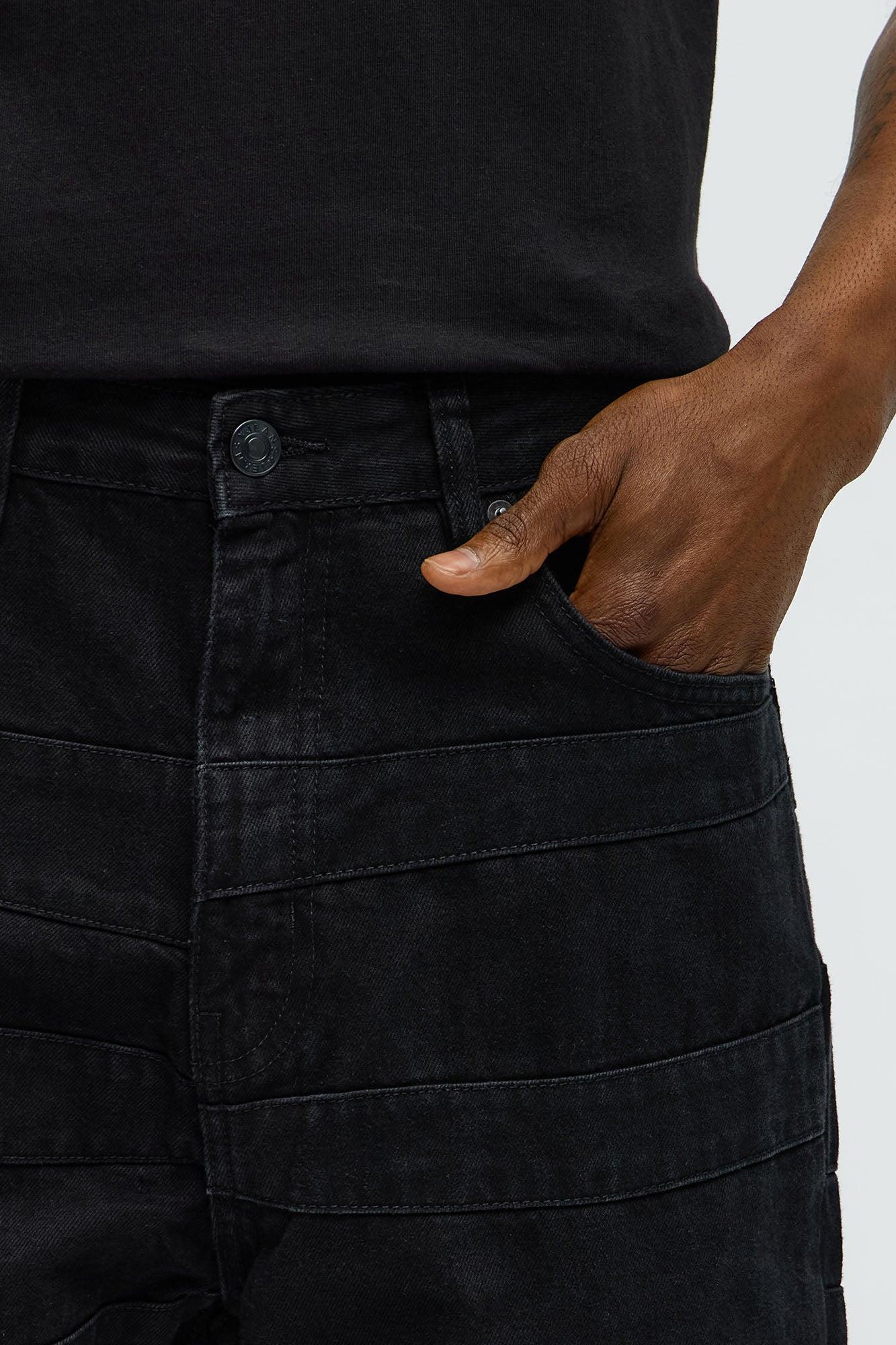 Baggy Layered Paneled Jeans - Black Male Product Image