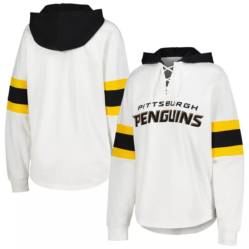 Women's G-III 4Her by Carl Banks White/Black Pittsburgh Penguins Goal Zone Long Sleeve Lace-Up Hoodie T-Shirt,  Product Image