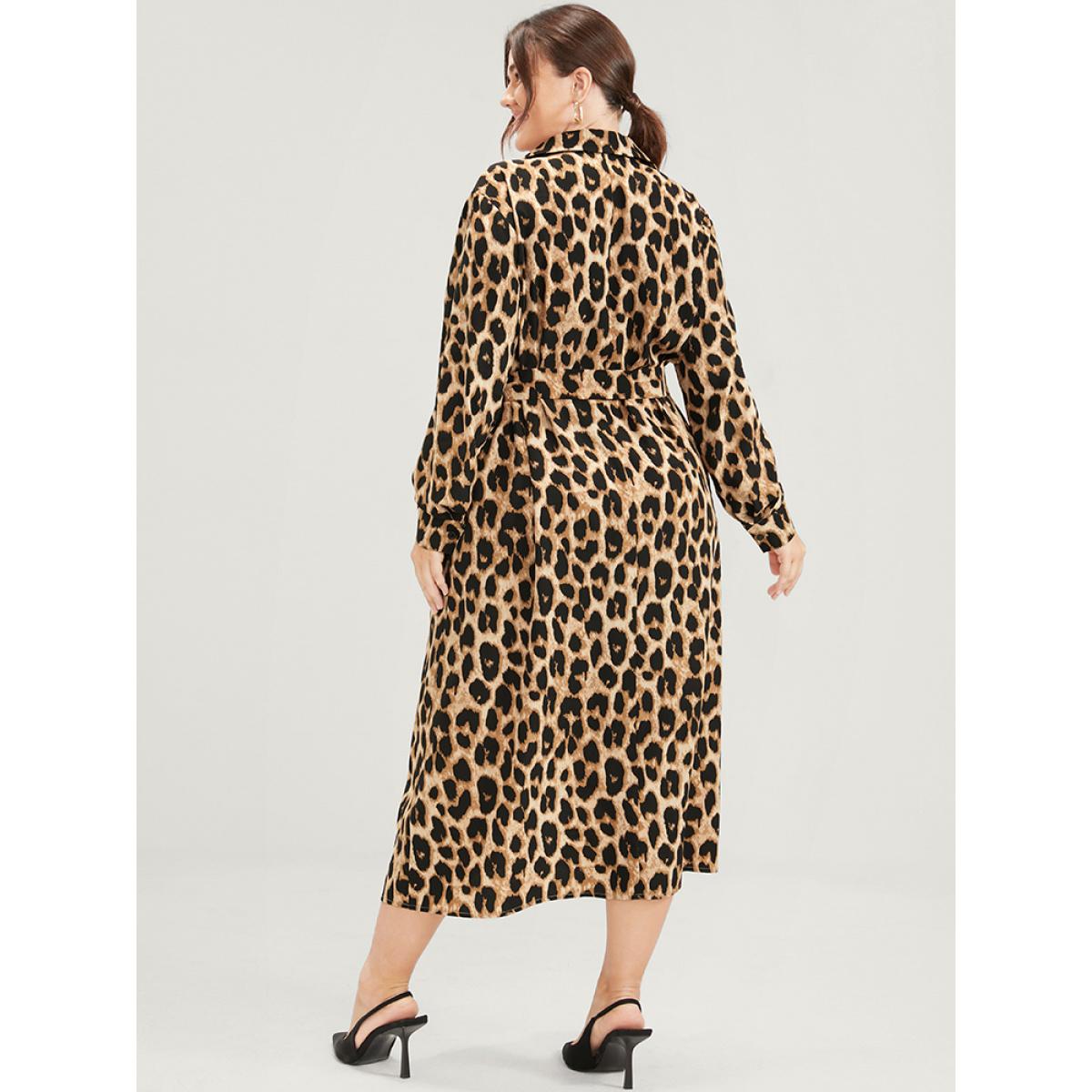 Plus Size Leopard Pocket Button Belted Shirt Collar Midi Dress Leopard Women Office Belted Shirt collar Long Sleeve Curvy Midi Dress BloomChic 26/4X Product Image