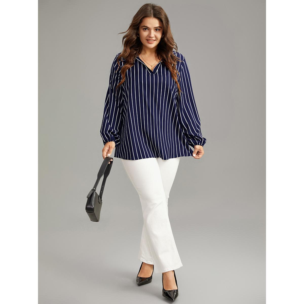 Plus Size Indigo Striped Shirt Collar Lantern Sleeve Blouse Women Office Long Sleeve Shirt collar Office Blouses BloomChic 10/M Product Image