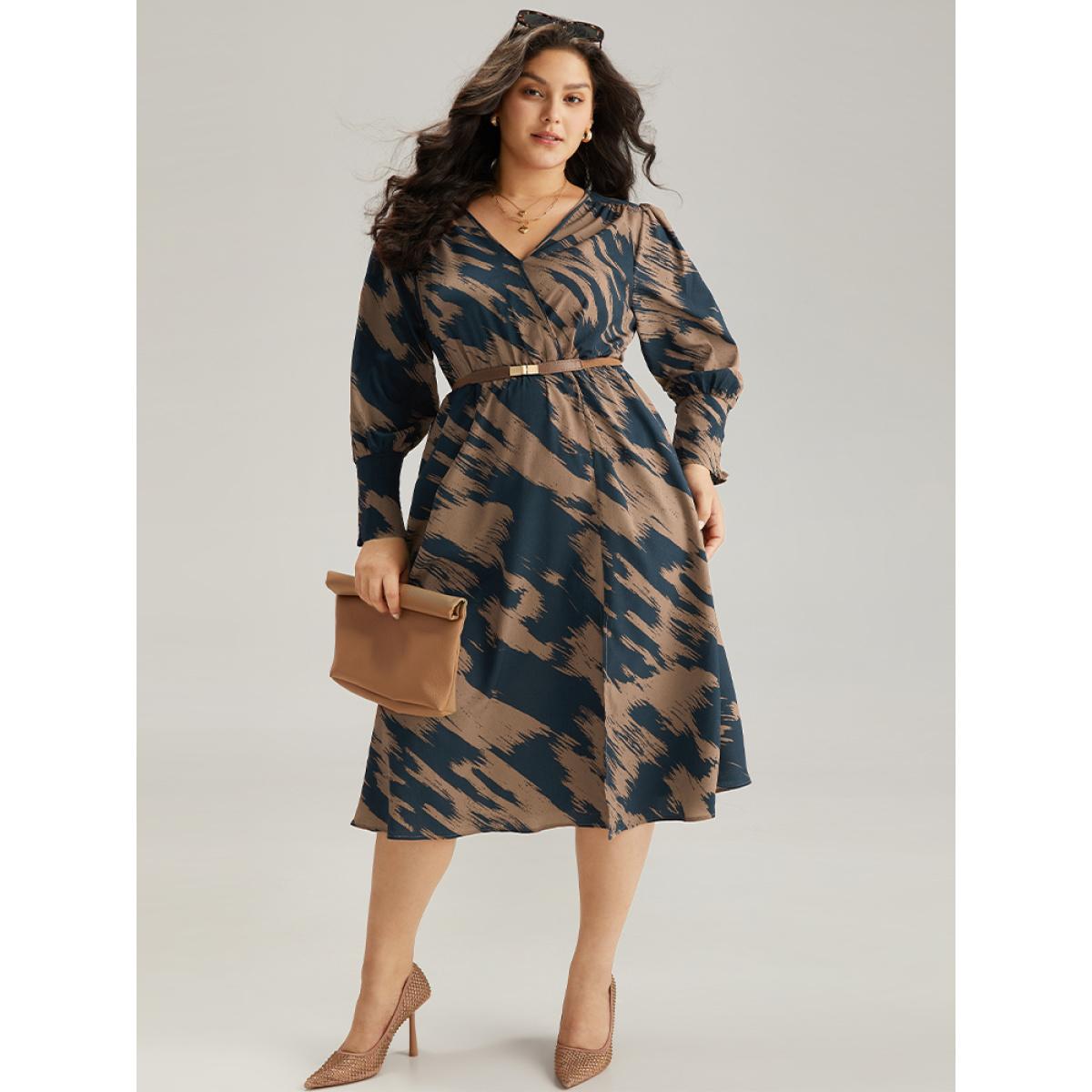 Plus Size Brush Print Elastic Waist Wrap Split Hem Dress Indigo Women At the Office Elastic Waist V-neck Long Sleeve Curvy Midi Dress BloomChic 30/6X Product Image