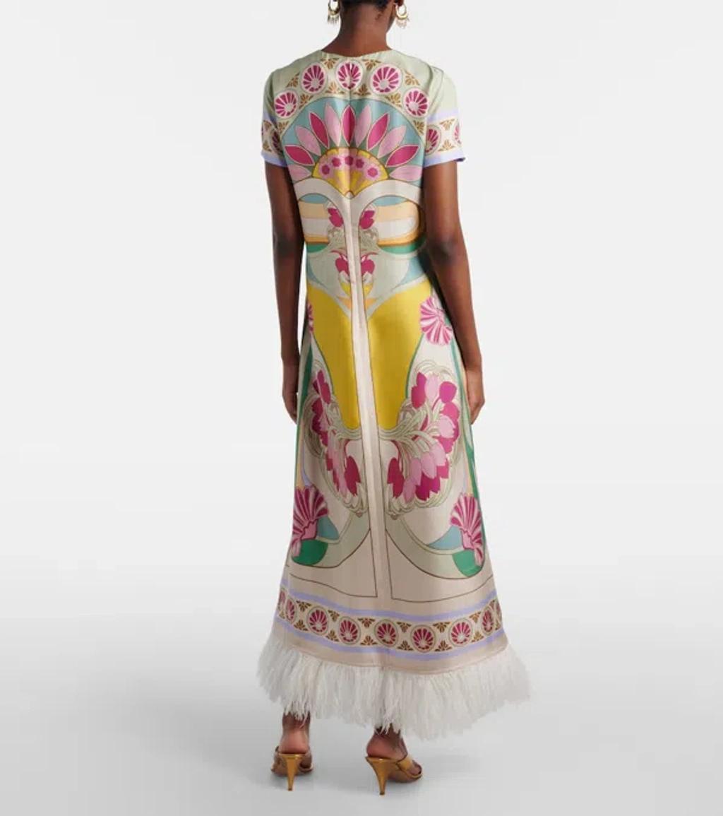 LA DOUBLEJ Swing Feather-trimmed Silk Twill Maxi Dress In Multi Product Image