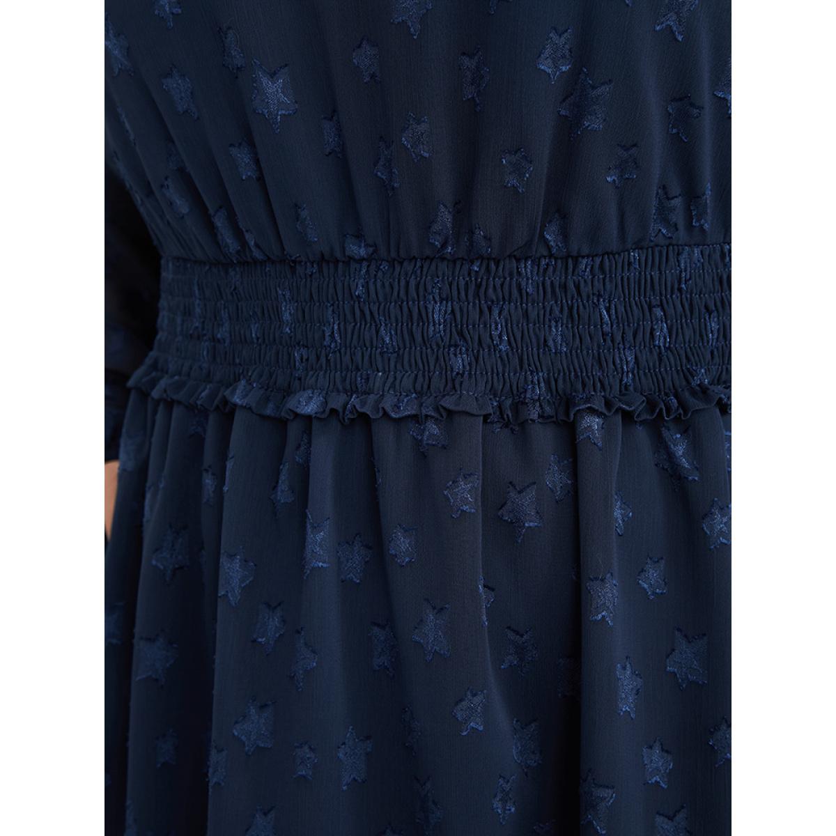 Plus Size Star Print Pocket Lantern Sleeve Shirred Chiffon Dress Navy Women Glamour Elastic Waist V-neck Long Sleeve Curvy Knee Dress BloomChic 30/6X Product Image