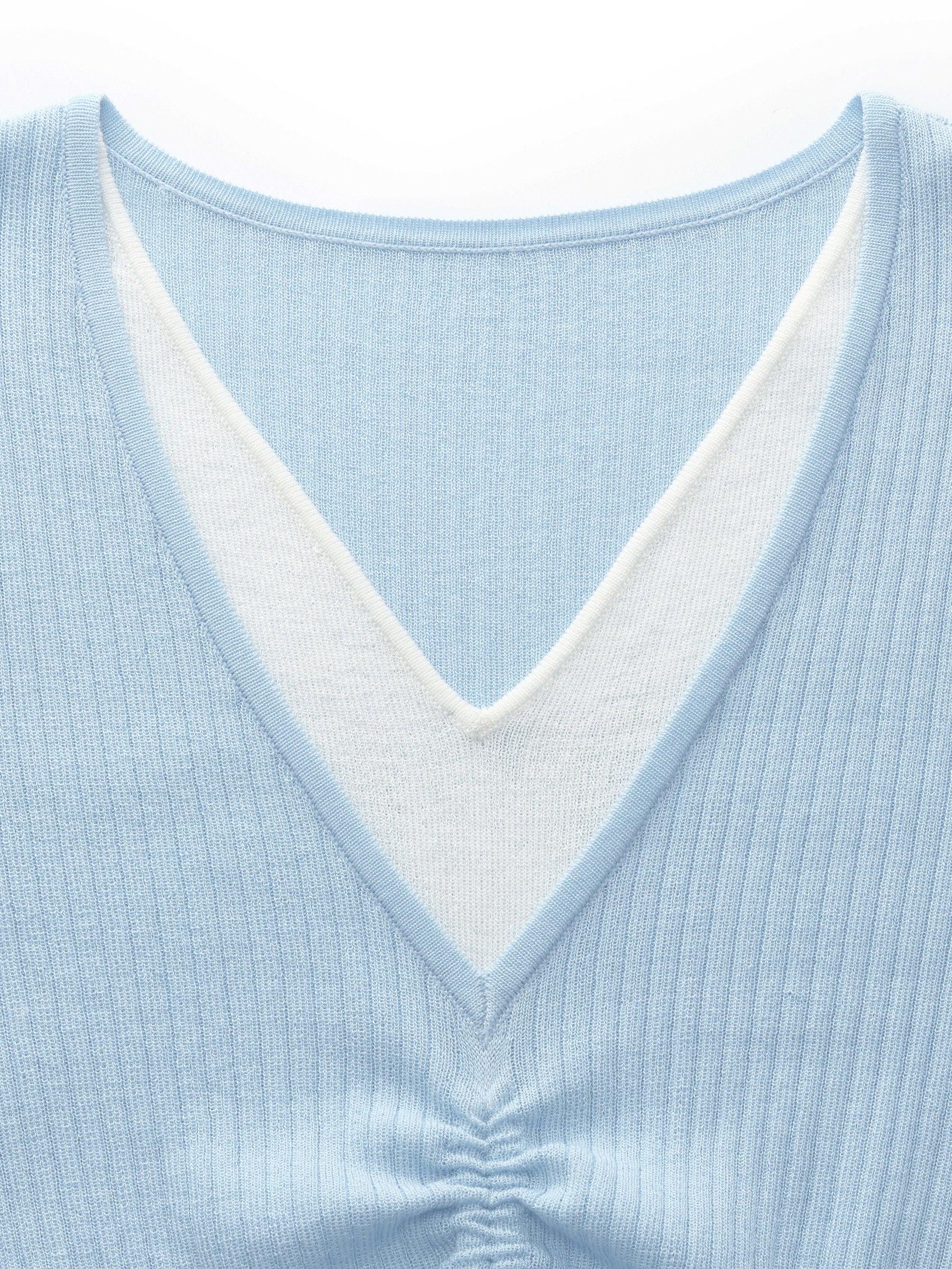 Lyocell Blend Drawstring Women Patchwork Knit Top Product Image