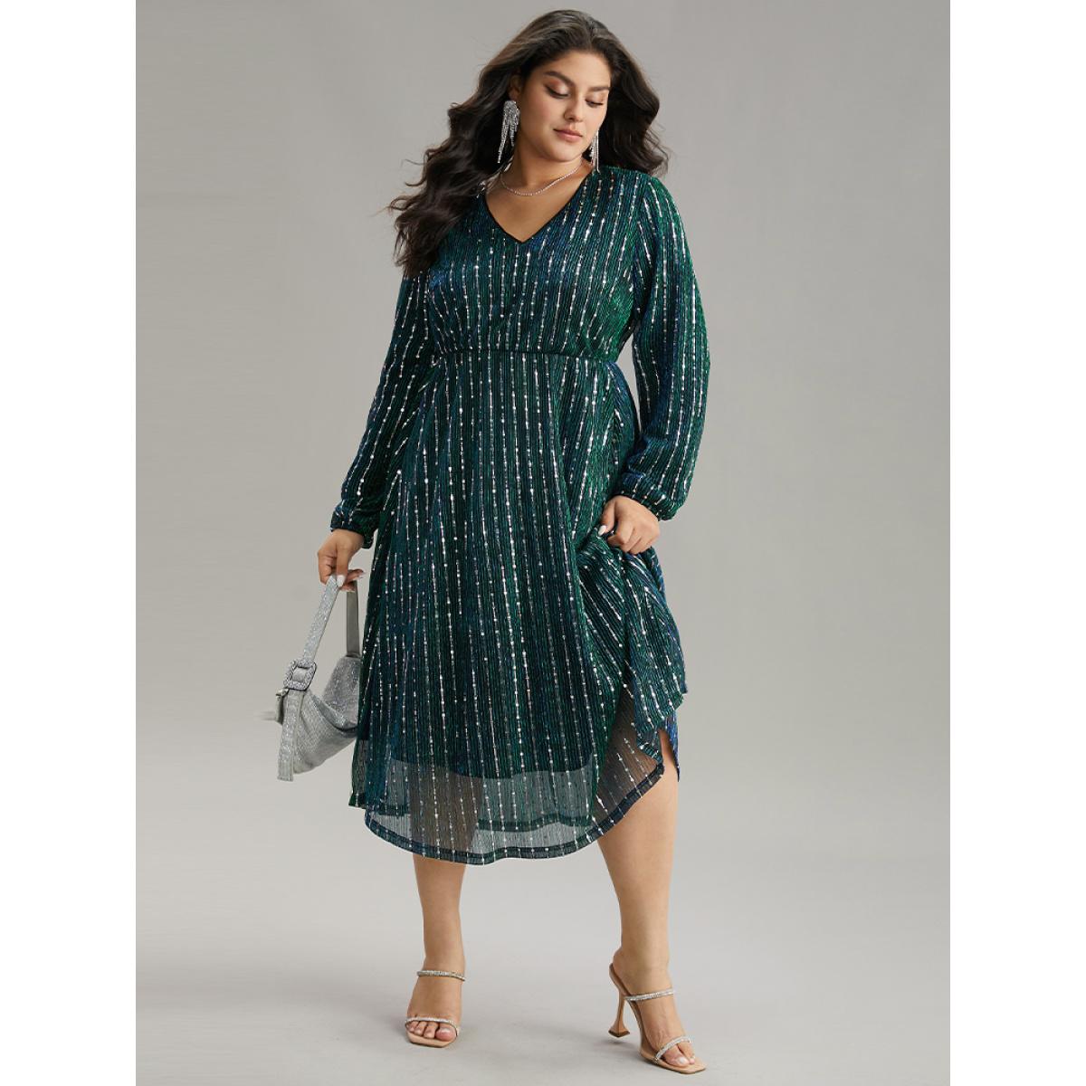 Plus Size Sequin Mesh V Neck Elastic Waist Dress DarkSlateGray Women Cocktail Sequin V-neck Long Sleeve Curvy Midi Dress BloomChic 22-24/3X Product Image