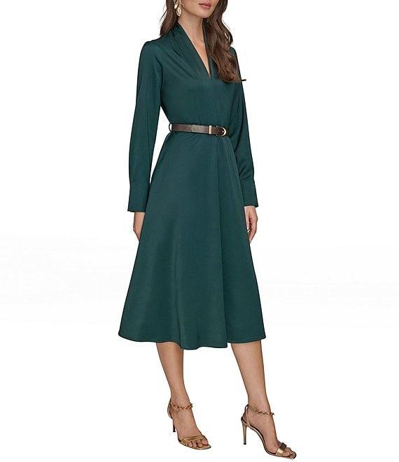 Donna Karan Long Sleeve Belted Satin A-Line Midi Dress Product Image