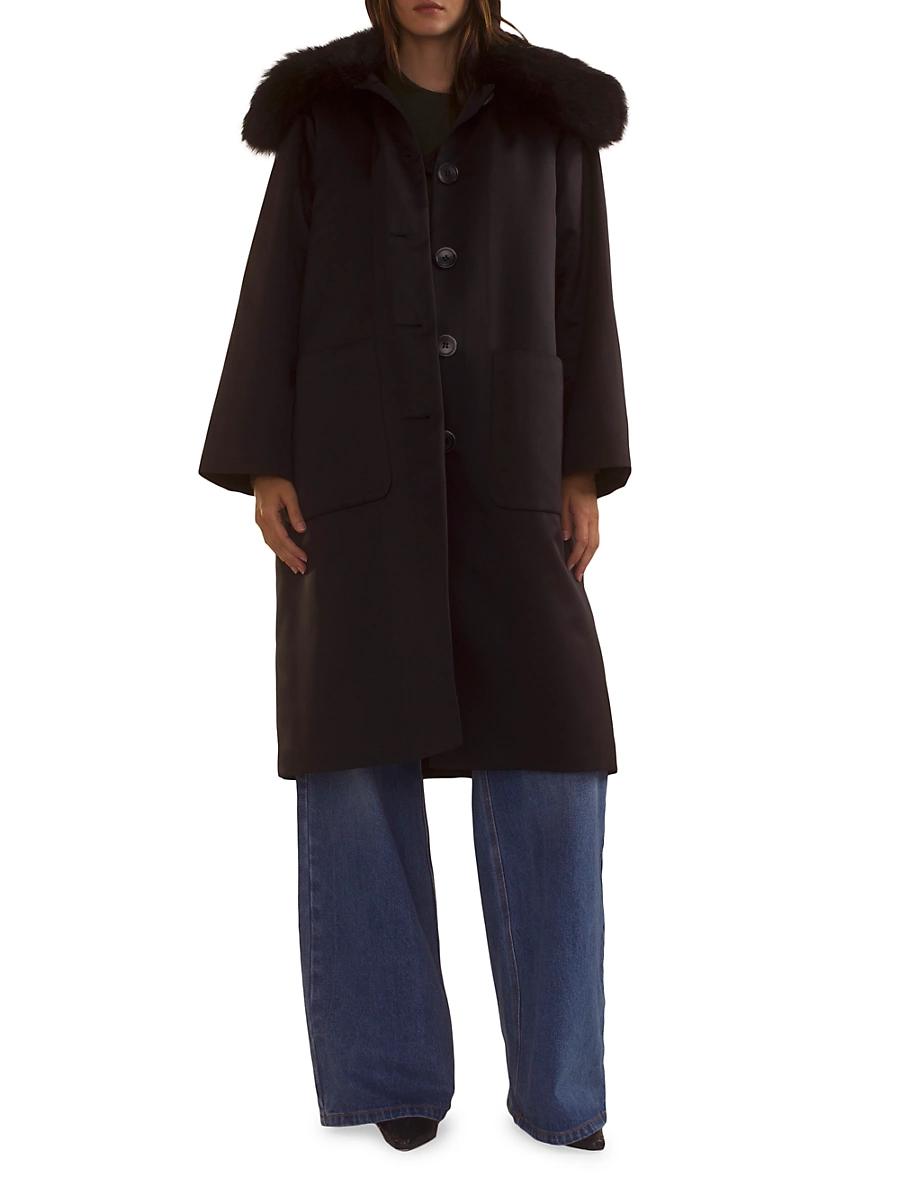 Womens Faux-Fur Collar Satin Coat Product Image