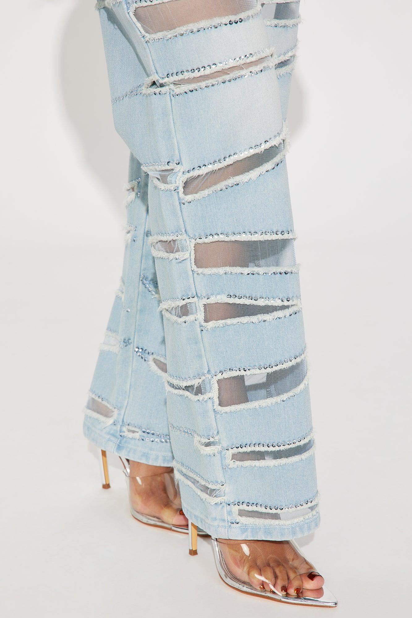 Zaria Embellished Cut Out Straight Leg Jeans - Light Wash Product Image