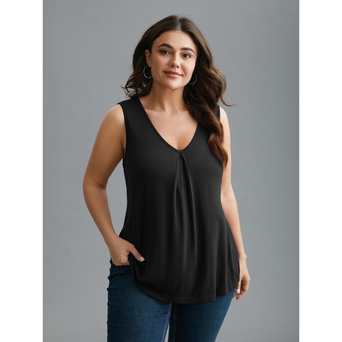 Plus Size Supersoft Essentials V-Neck Tank Top Women Black Leisure Pleated V-neck Casual Tank Tops Camis BloomChic 22-24/3X Product Image