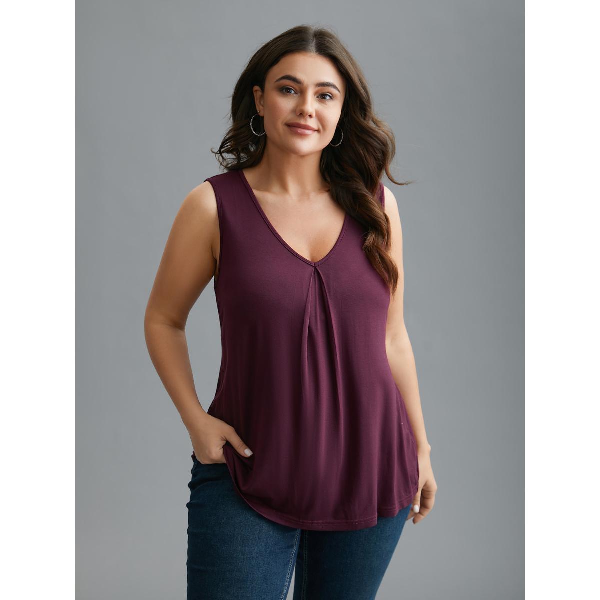 Plus Size Supersoft Essentials V-Neck Tank Top Women Deeppurplered Leisure Pleated V-neck Casual Tank Tops Camis BloomChic 26/4X Product Image