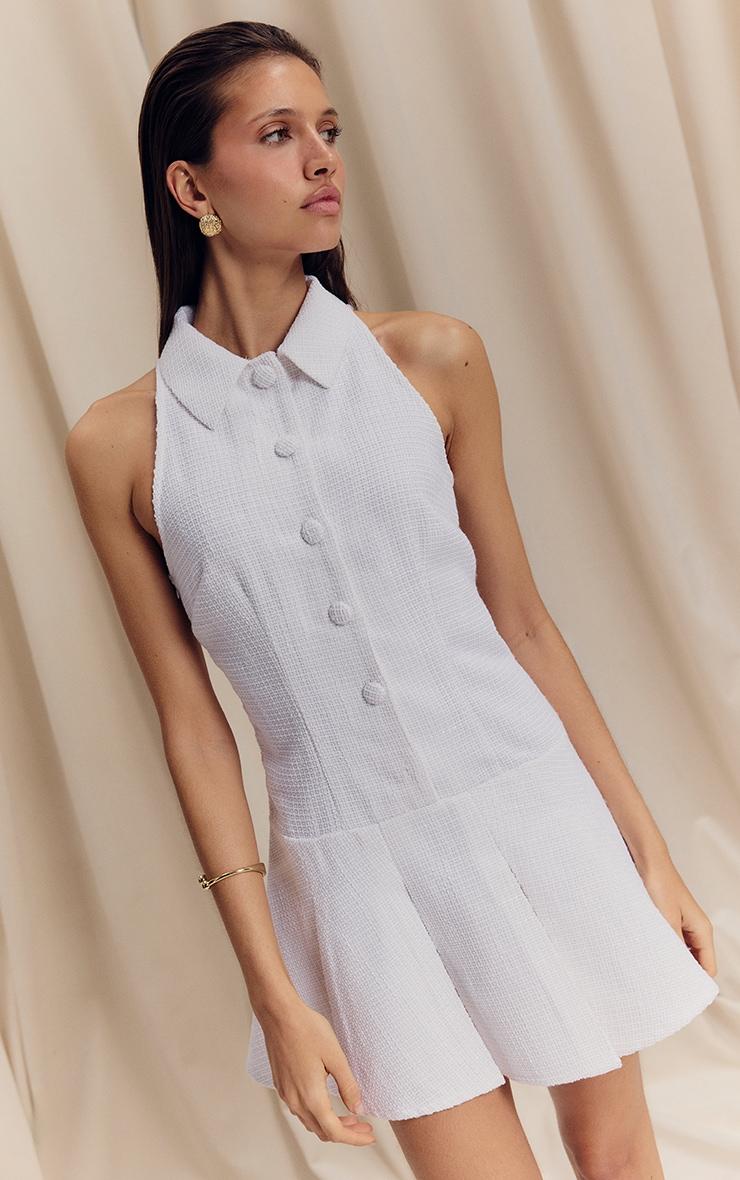 White Boucle Pleated Skater Dress Product Image