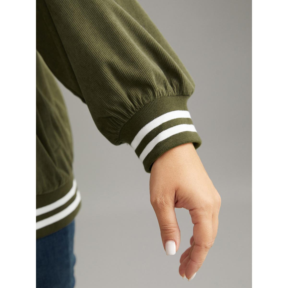 Plus Size Corduroy Striped Trim Button Up Jacket Women ArmyGreen Elastic cuffs Pocket Dailywear Jackets BloomChic 14-16/1X Product Image