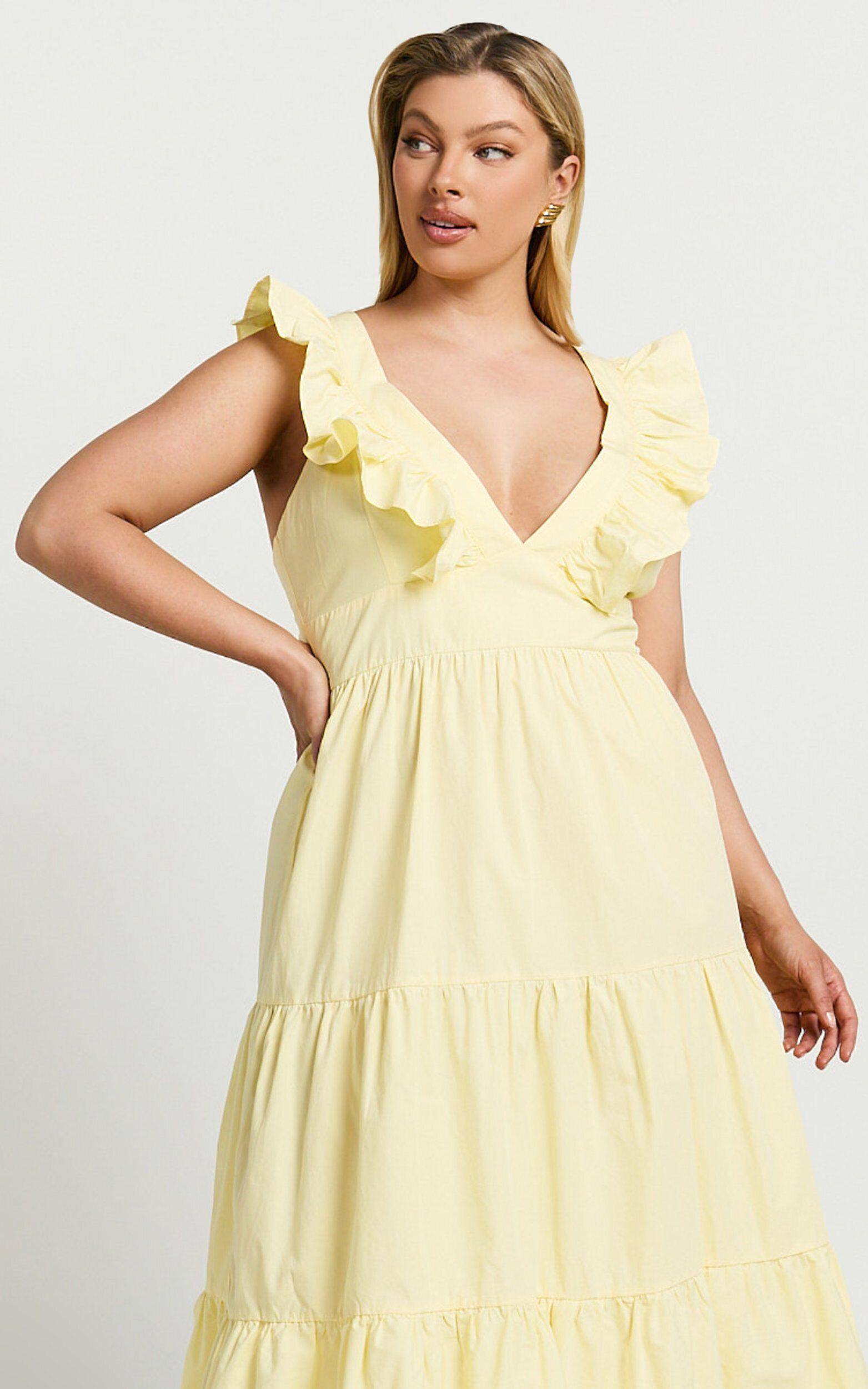 Levona Midi Dress - Ruffle Shoulder Tiered Dress in Lemon Product Image
