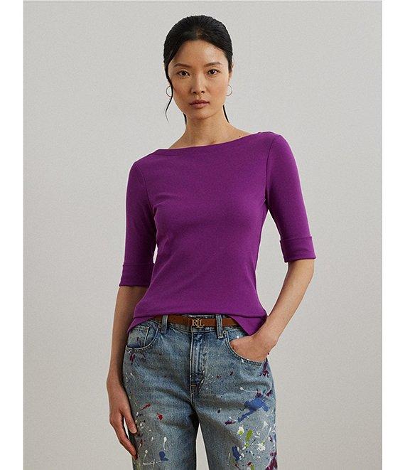 Lauren Ralph Lauren Stretch Cotton Boatneck Elbow-Length Sleeve T-Shirt Product Image
