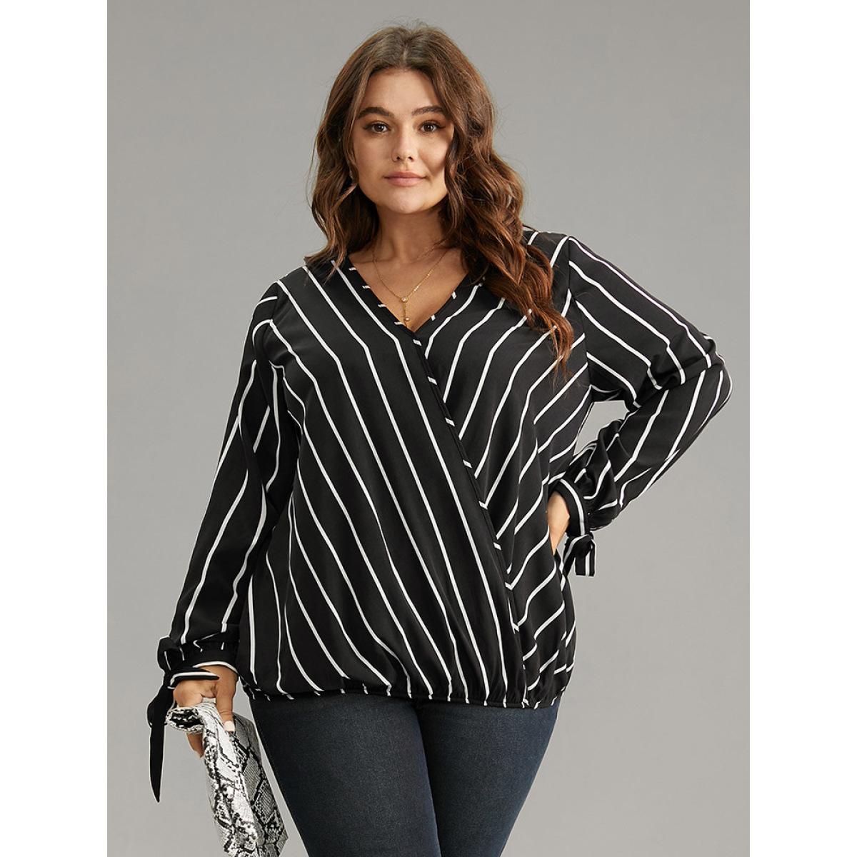 Plus Size Black Striped Bowknot Cuffs Surplice Neck Blouse Women Office Long Sleeve Overlap Collar Office Blouses BloomChic 14-16/1X Product Image