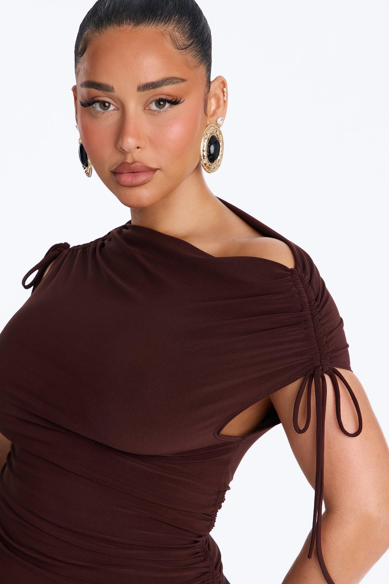 Taylor Drawstring Asymmetrical Short Sleeve Top - Chocolate Female Product Image